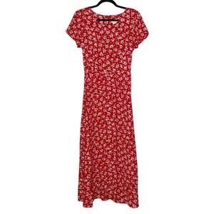 Vintage 90s Y2K The Limited Red White Floral Short Sleeve Tie Waist Midi Dress 6